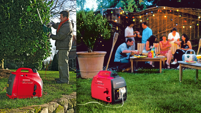 2 groupes &eacute;lectrog&egrave;nes portables Honda utilis&eacute;s par un mod&egrave;le, dans le jardin.